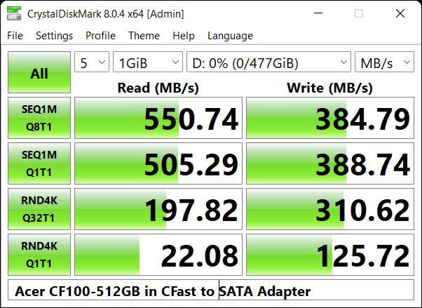 Acer CF100 CFast 2.0 512GB CrystalDiskMark Benchmarks