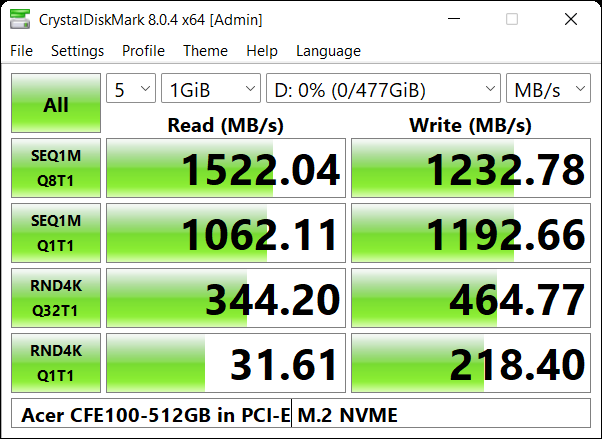 Acer CFE100 CFexpress Type-B 512GB CrystalDiskMark Benchmarks