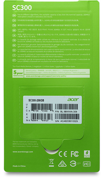 Acer SC300 UHS-I U3 V30 256GB SDXC card package back