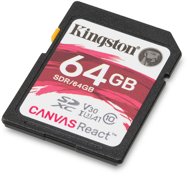 Kingston Canvas React UHS-I U3 V30 64GB SDXC Memory Card Front