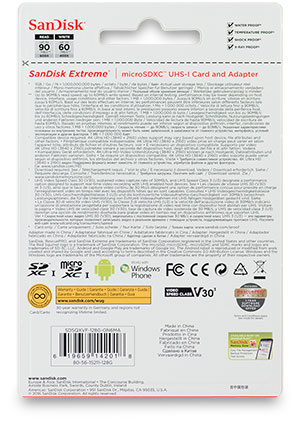 SanDisk Extreme 90MB/s UHS-I U3 V30 microSDXC 128GB Memory Card Package Back