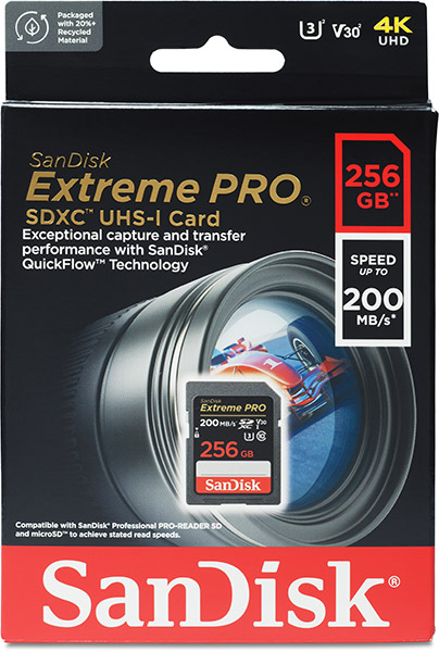 SanDisk Extreme Pro 200MB/s 256GB card package
